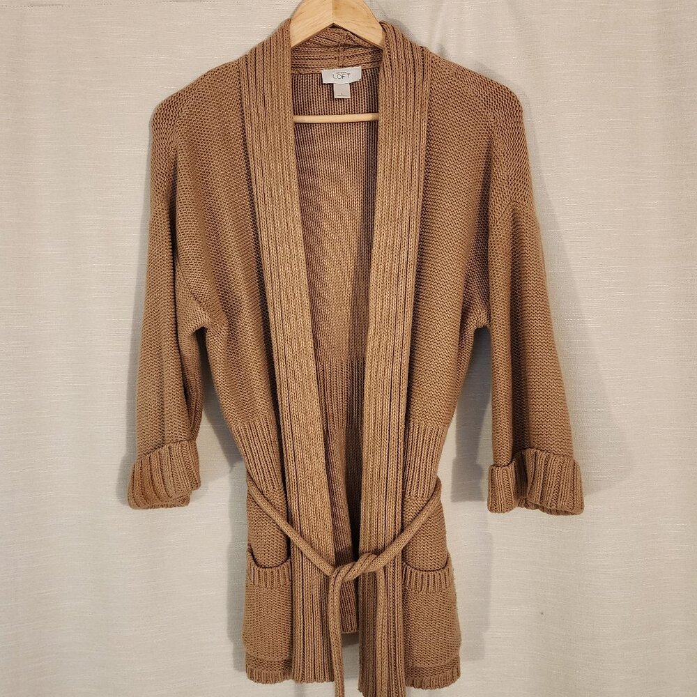 LOFT 100% Cotton Chunky Knit Sweater Cardigan Belted Pockets Size L Camel Tan